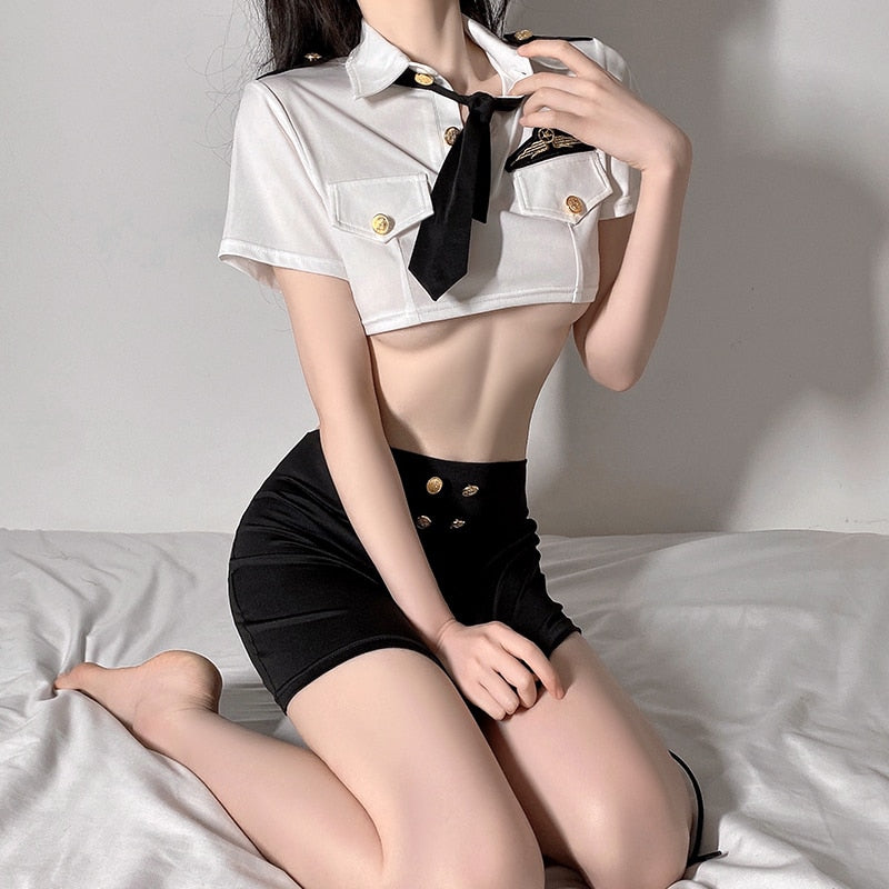 Japanese Stewardess Cos Uniform Sexy Lingerie Temptation Police Officer Policewoman Cosplay Role Play Costumes Bodycon Skirt New