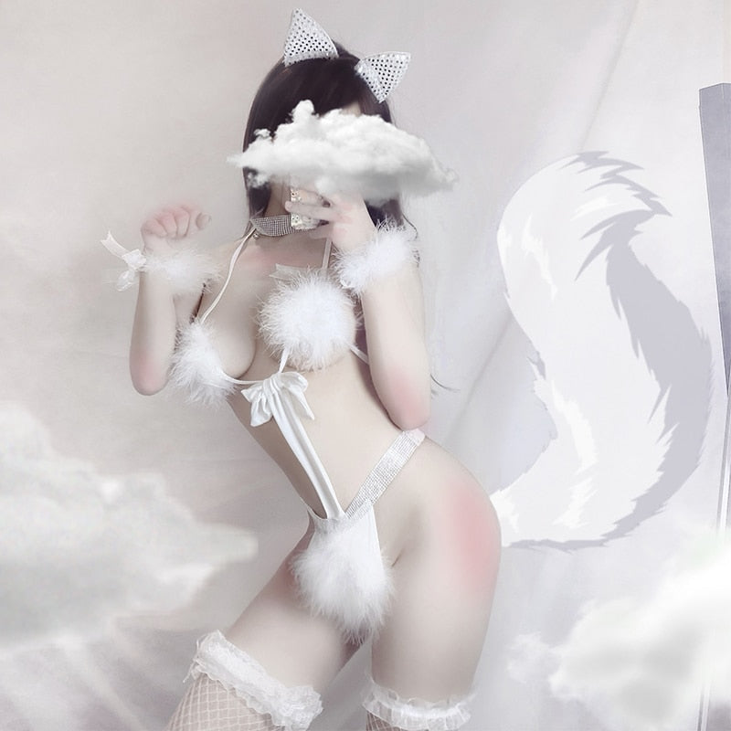 Cute Japanese Cat Girl Cosplay Cat Role Play Costumes Erotic Lingerie Nightgown Onesie Rabbit Ear Headwear Sexy Bodysuit bunny