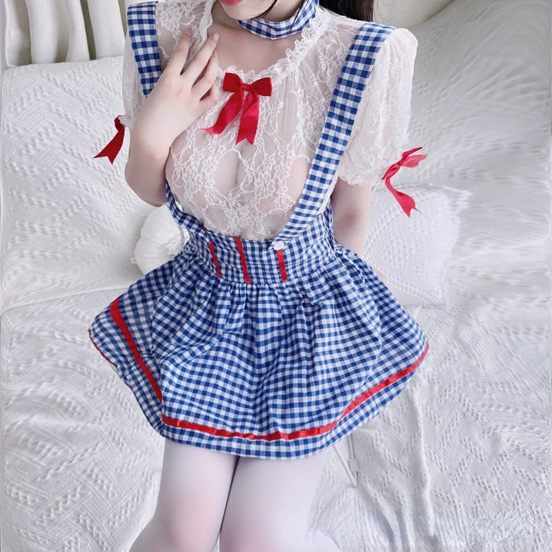 Two-dimensional Sexy Lingerie Maid Maid Outfit Blue Plaid Sexy Lolita Anime Sexy Japanese Soft Girl Clothes Sexy Cosplay
