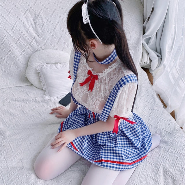 Two-dimensional Sexy Lingerie Maid Maid Outfit Blue Plaid Sexy Lolita Anime Sexy Japanese Soft Girl Clothes Sexy Cosplay