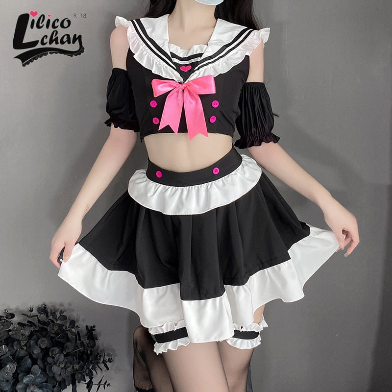 Bow Ruffle Women Maid Dress Sailor Collar Sweet Off Shoulder Cosplay Costumes Tempatation Kawaii Lace Japanese Sexy Lingerie New