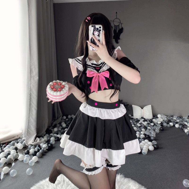 Bow Ruffle Women Maid Dress Sailor Collar Sweet Off Shoulder Cosplay Costumes Tempatation Kawaii Lace Japanese Sexy Lingerie New