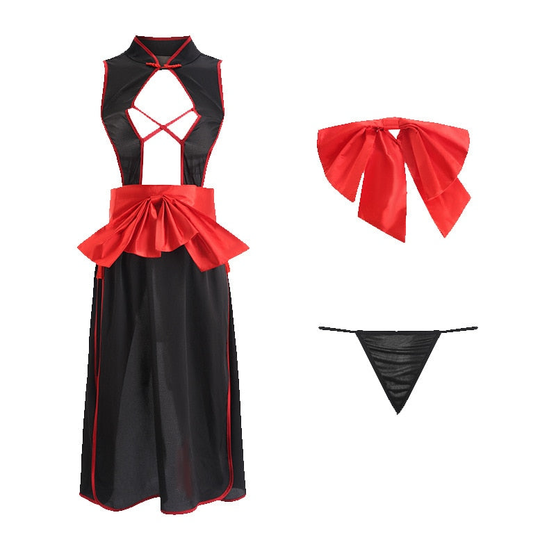 Japanese Style Sexy Lingerie Retro Cheongsam Kimono Cosplay Underwear High Slit Devil Uniform Temptation Dress Stripper Clothes