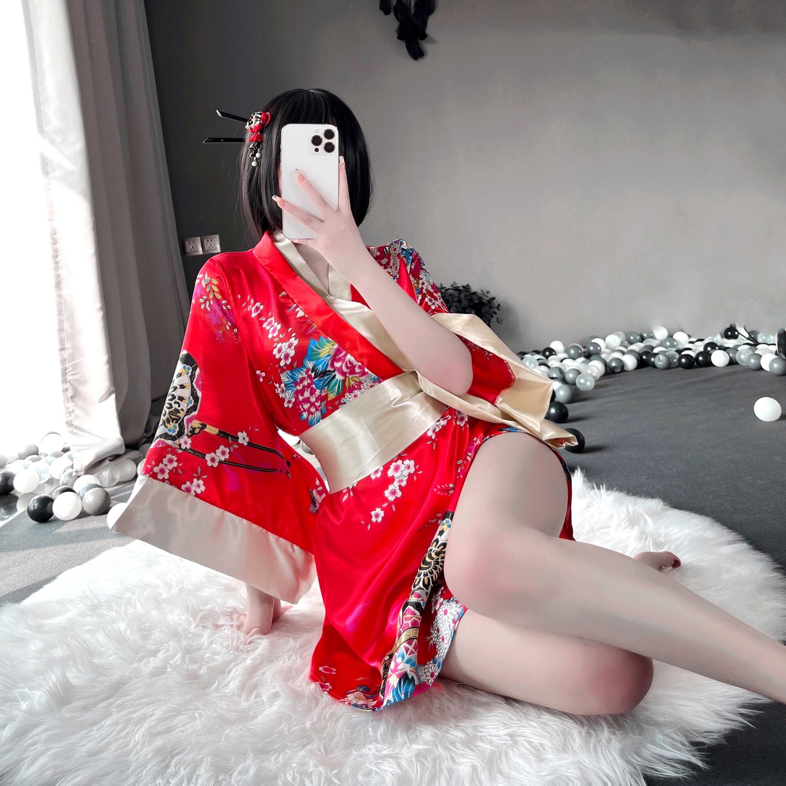 Red Japanese Traditional Printed Kimono Sexy Lingerie Cosplay Costume Sleepwear Catwalk Clothing For Women
