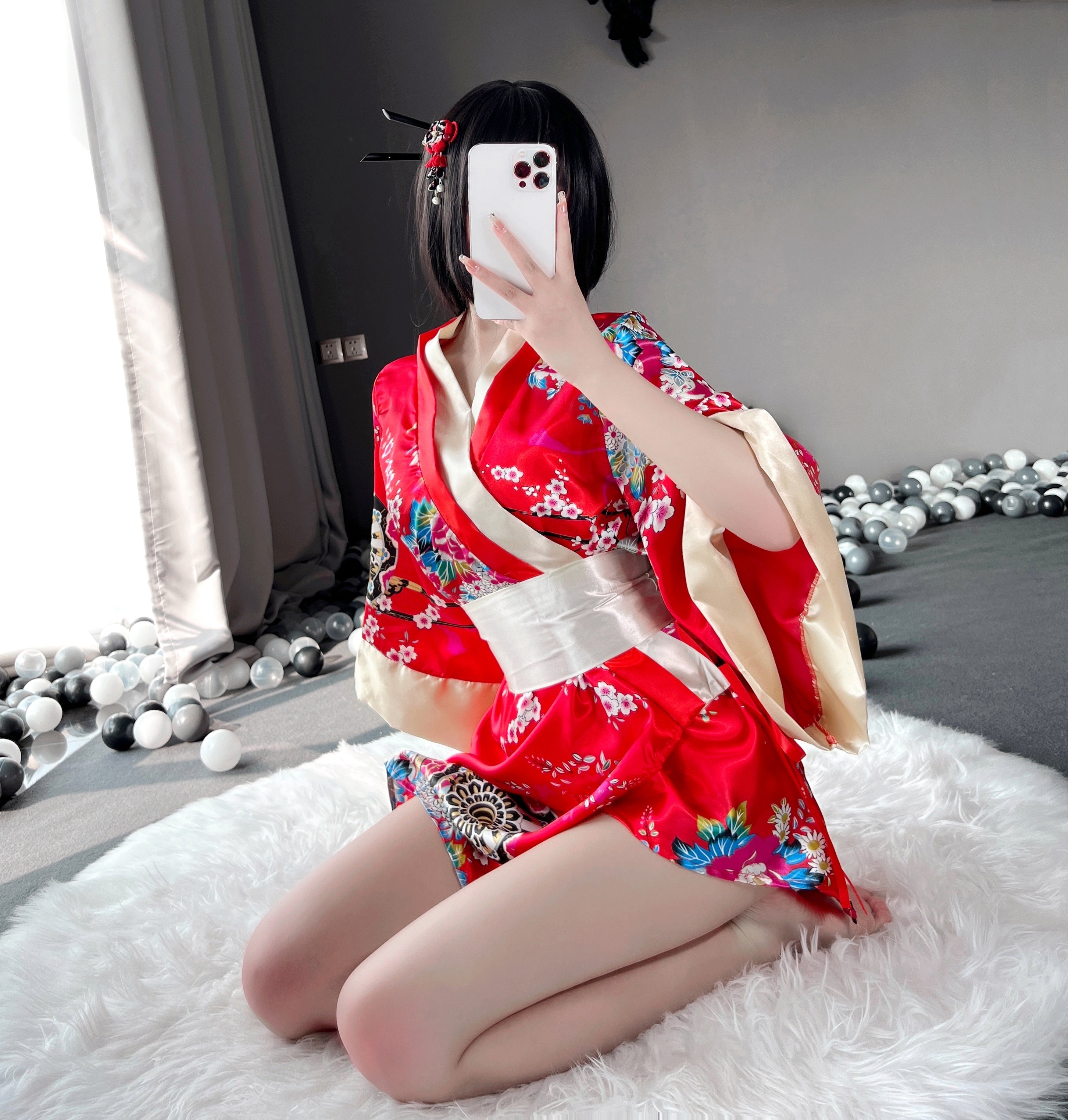 Red Japanese Traditional Printed Kimono Sexy Lingerie Cosplay Costume Sleepwear Catwalk Clothing For Women