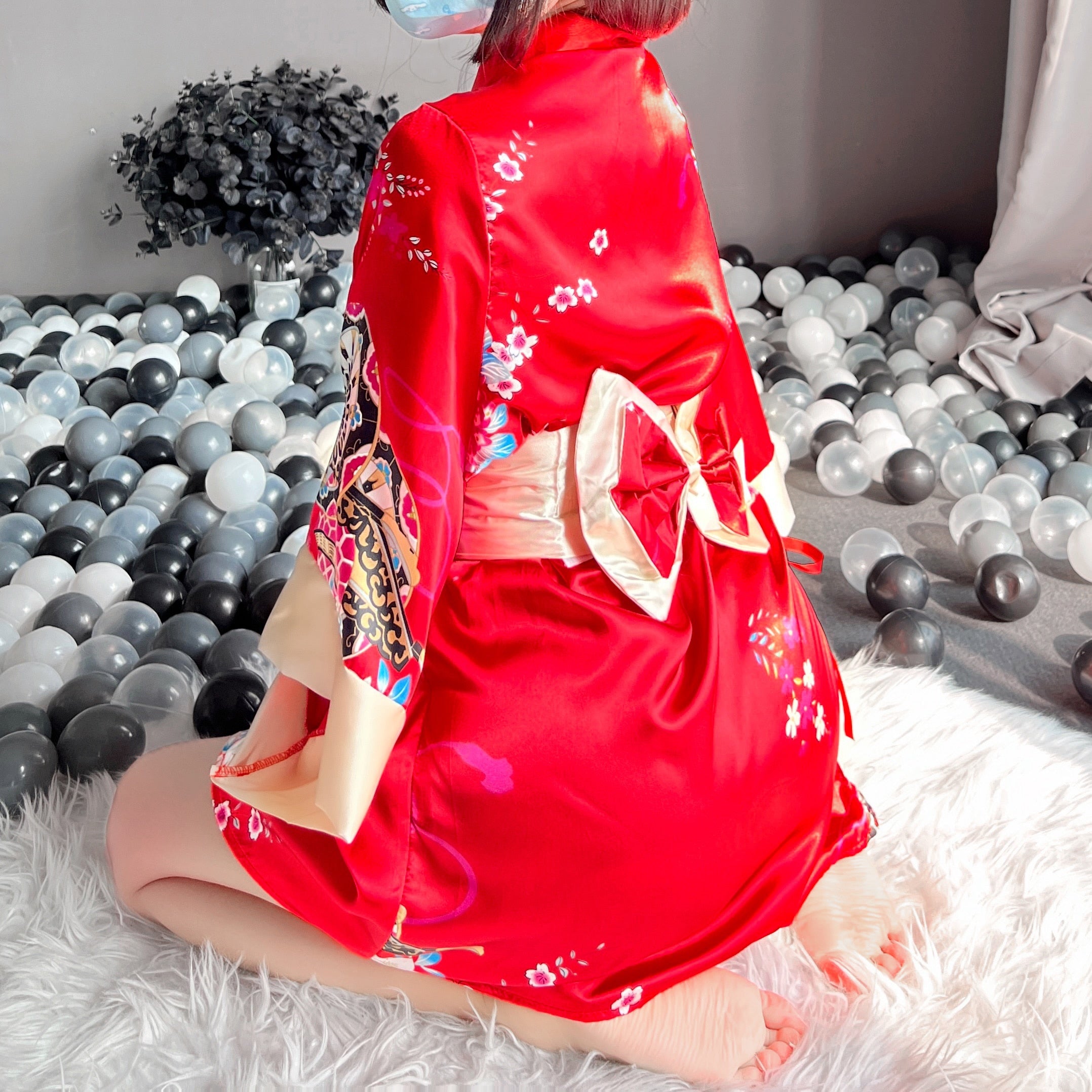 Red Japanese Traditional Printed Kimono Sexy Lingerie Cosplay Costume Sleepwear Catwalk Clothing For Women
