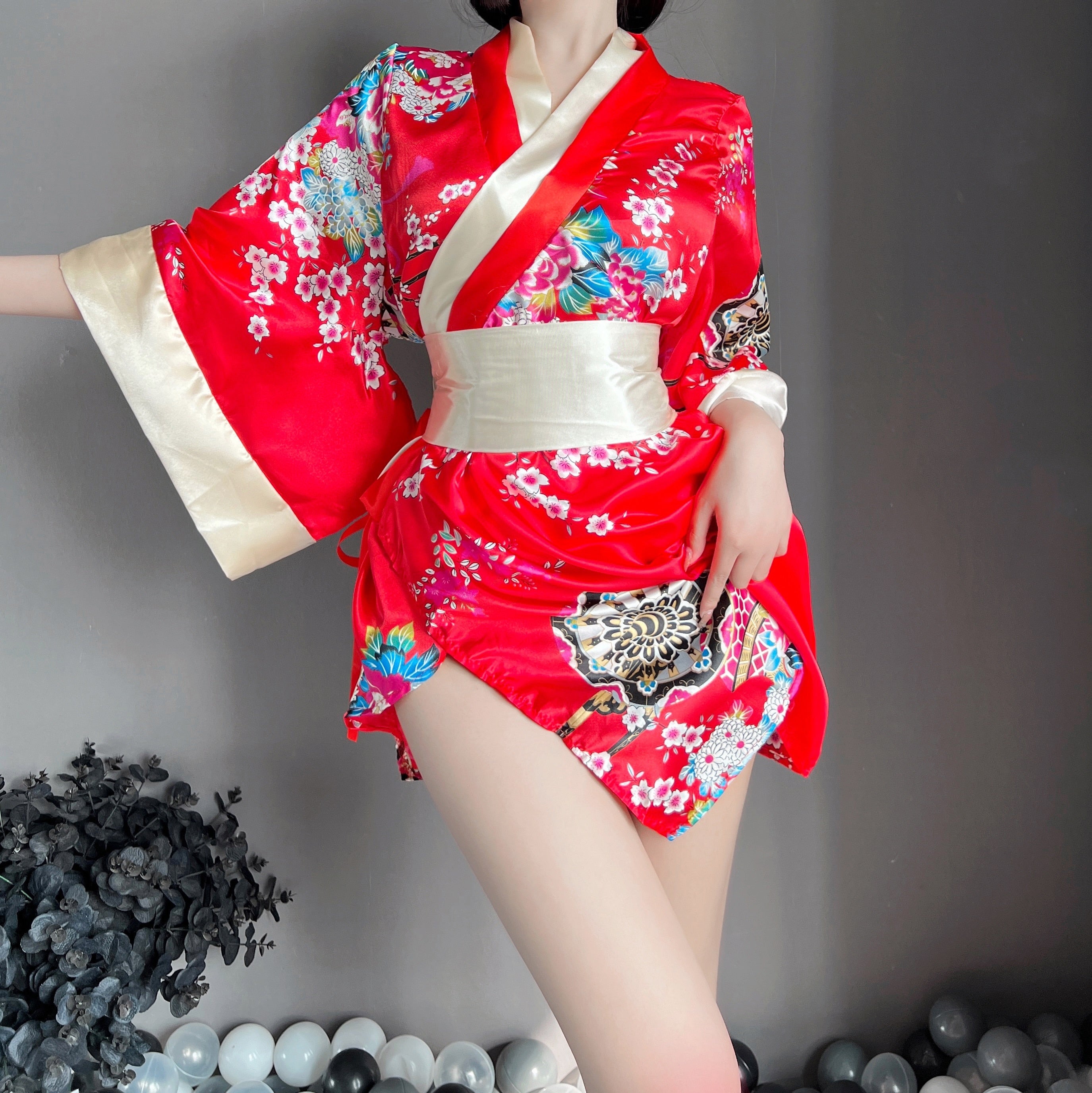 Red Japanese Traditional Printed Kimono Sexy Lingerie Cosplay Costume Sleepwear Catwalk Clothing For Women