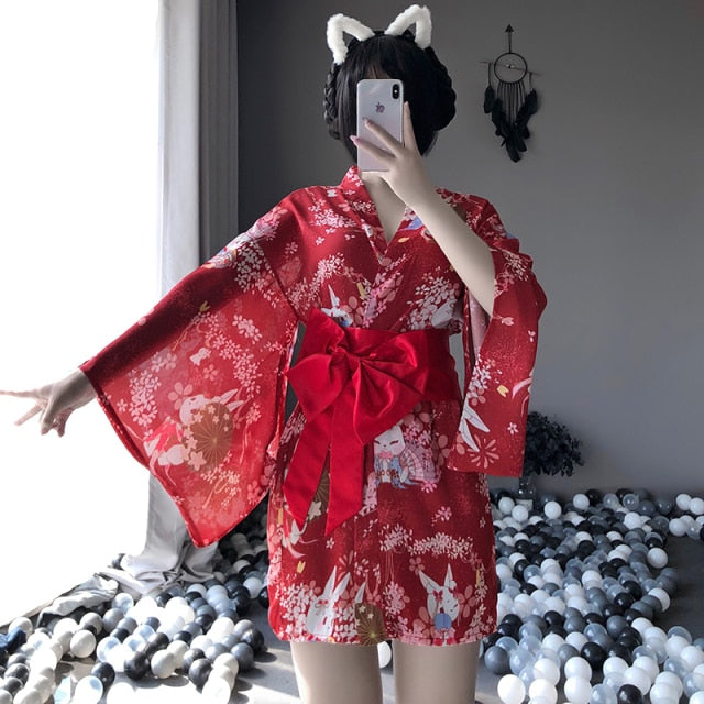 Red Japanese Traditional Printed Kimono Sexy Lingerie Cosplay Costume Sleepwear Catwalk Clothing For Women