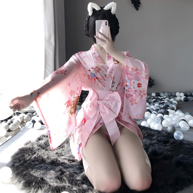 Red Japanese Traditional Printed Kimono Sexy Lingerie Cosplay Costume Sleepwear Catwalk Clothing For Women