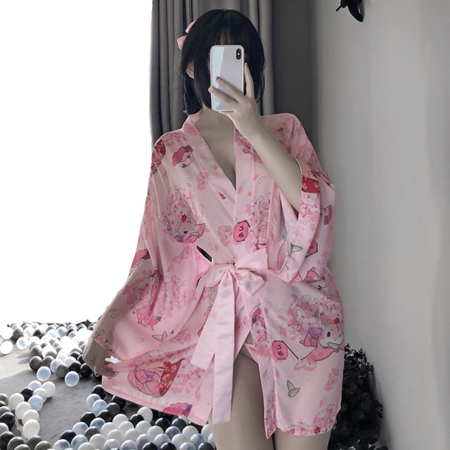 Red Japanese Traditional Printed Kimono Sexy Lingerie Cosplay Costume Sleepwear Catwalk Clothing For Women