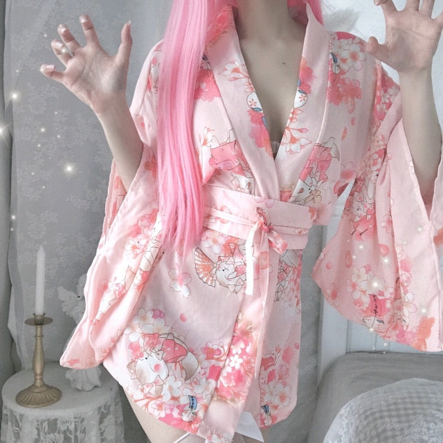 Red Japanese Traditional Printed Kimono Sexy Lingerie Cosplay Costume Sleepwear Catwalk Clothing For Women