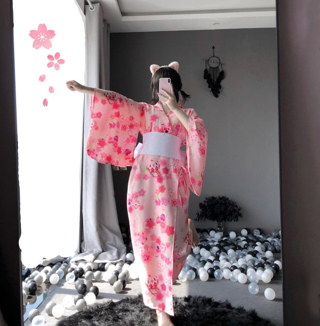 Red Japanese Traditional Printed Kimono Sexy Lingerie Cosplay Costume Sleepwear Catwalk Clothing For Women