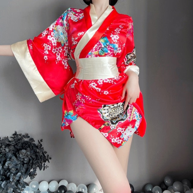 Red Japanese Traditional Printed Kimono Sexy Lingerie Cosplay Costume Sleepwear Catwalk Clothing For Women