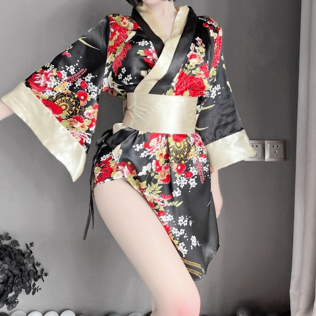 Red Japanese Traditional Printed Kimono Sexy Lingerie Cosplay Costume Sleepwear Catwalk Clothing For Women