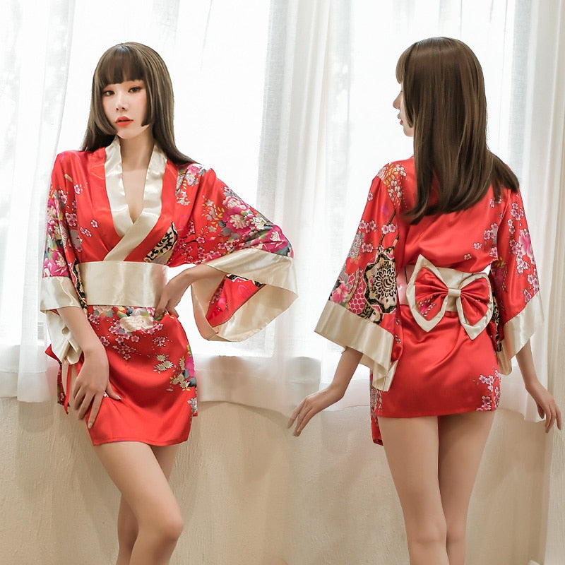 Sexy lingerie Large Print Japanese kimono Sexy Lace up Bathrobe Temptation Pajama Uniform Set