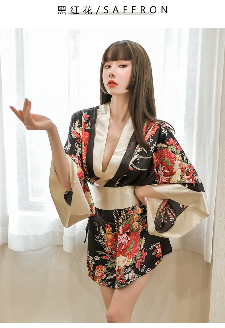 Sexy lingerie Large Print Japanese kimono Sexy Lace up Bathrobe Temptation Pajama Uniform Set