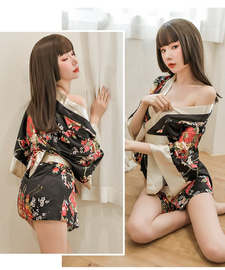 Sexy lingerie Large Print Japanese kimono Sexy Lace up Bathrobe Temptation Pajama Uniform Set
