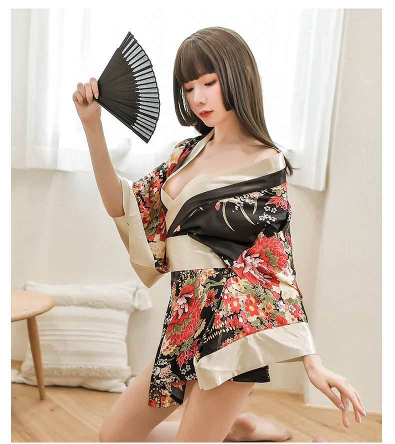 Sexy lingerie Large Print Japanese kimono Sexy Lace up Bathrobe Temptation Pajama Uniform Set