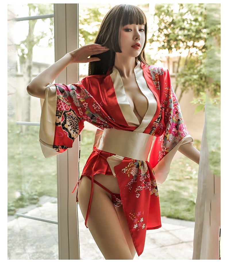 Sexy lingerie Large Print Japanese kimono Sexy Lace up Bathrobe Temptation Pajama Uniform Set