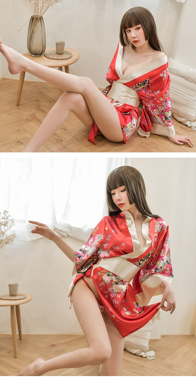 Sexy lingerie Large Print Japanese kimono Sexy Lace up Bathrobe Temptation Pajama Uniform Set