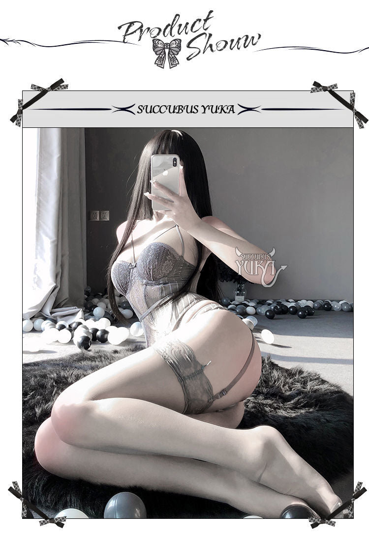 Sexy Lingerie Set Japanese Gothic Corset Gray Pajama Bustier Top Dress Panty Underwear Outfit Waist Slimming Slutty Clothes New