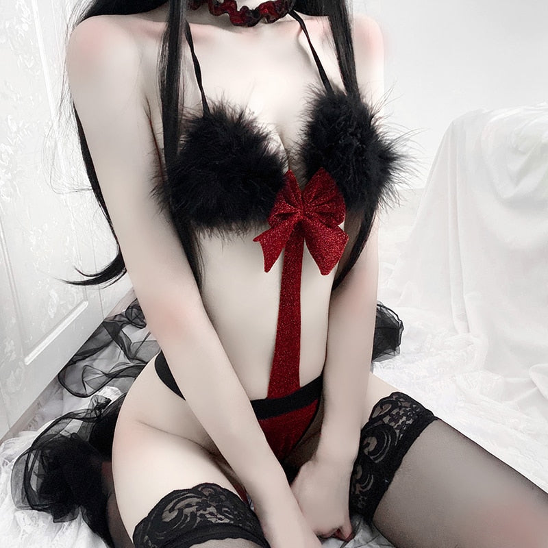 Japanese Lolita Uniform Temptation Plush Cat Girl Role Play Lingerie Erotic Cosplay Anime Bodysuit with Headwear Leg Ring