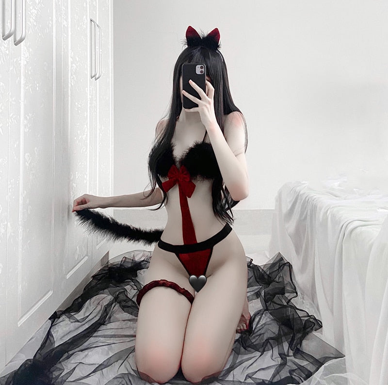 Japanese Lolita Uniform Temptation Plush Cat Girl Role Play Lingerie Erotic Cosplay Anime Bodysuit with Headwear Leg Ring