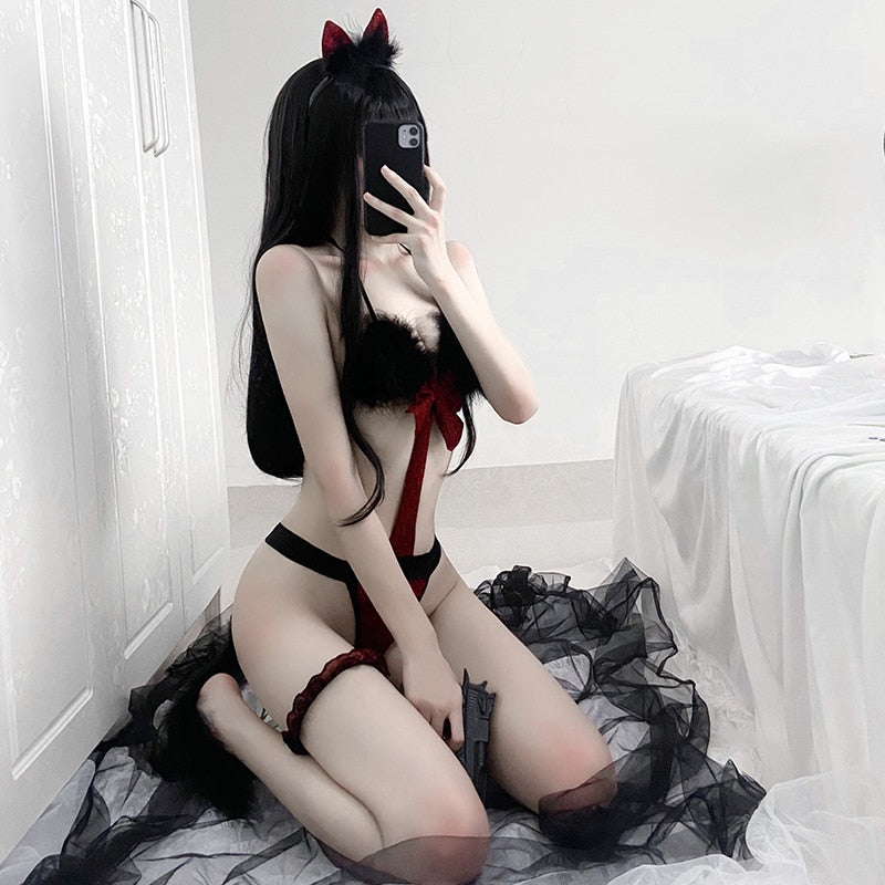 Japanese Lolita Uniform Temptation Plush Cat Girl Role Play Lingerie Erotic Cosplay Anime Bodysuit with Headwear Leg Ring