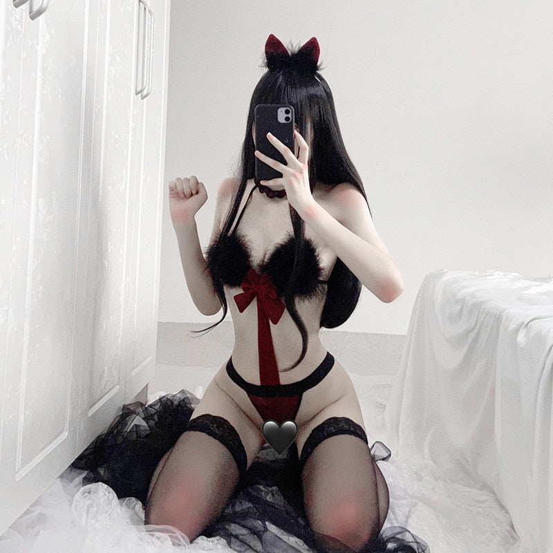 Japanese Lolita Uniform Temptation Plush Cat Girl Role Play Lingerie Erotic Cosplay Anime Bodysuit with Headwear Leg Ring