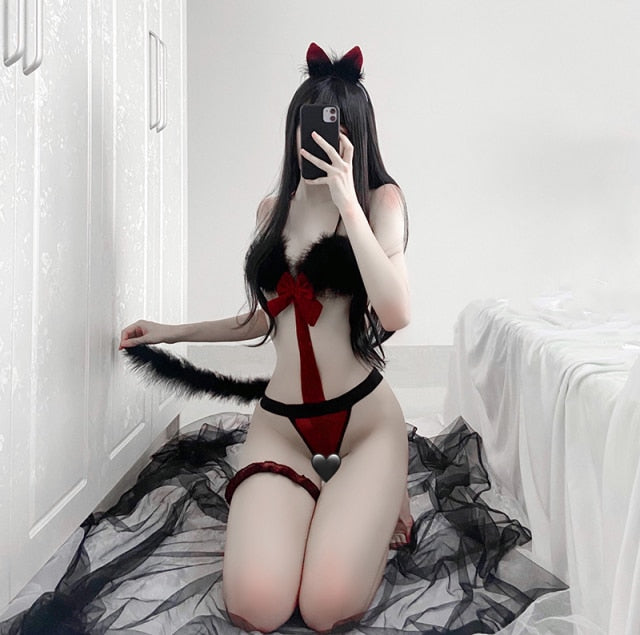 Japanese Lolita Uniform Temptation Plush Cat Girl Role Play Lingerie Erotic Cosplay Anime Bodysuit with Headwear Leg Ring