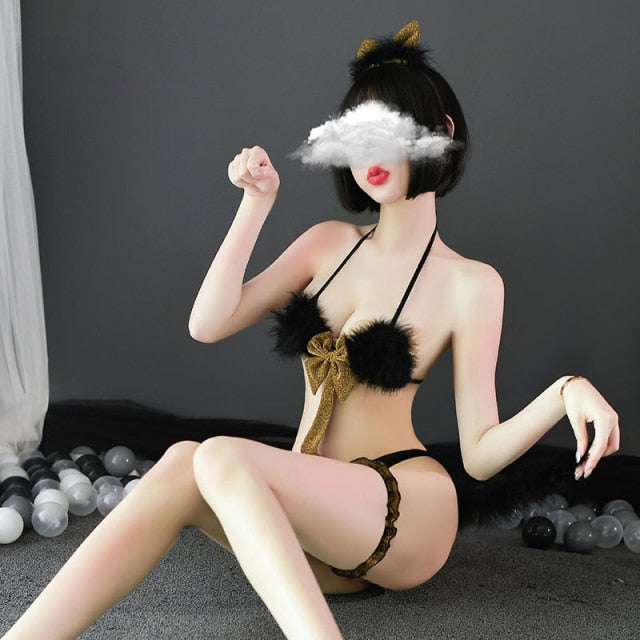 Japanese Lolita Uniform Temptation Plush Cat Girl Role Play Lingerie Erotic Cosplay Anime Bodysuit with Headwear Leg Ring
