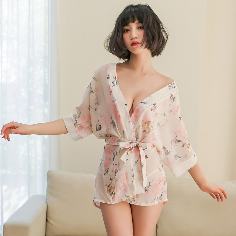 Sexy Lingerie Sexy Pajamas Temptation Japanese Chiffon Printed Cardigan Kimono Perspective Nightgown Set