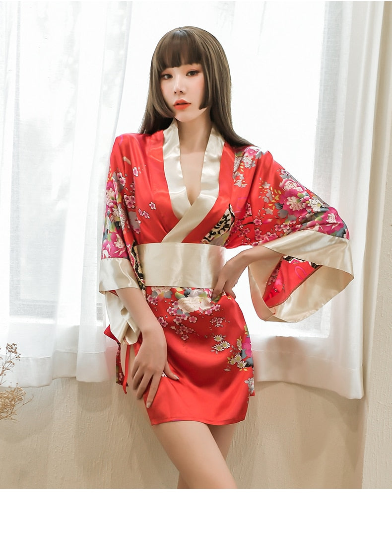 Sexy Lingerie Sexy Pajamas Temptation Japanese Chiffon Printed Cardigan Kimono Perspective Nightgown Set