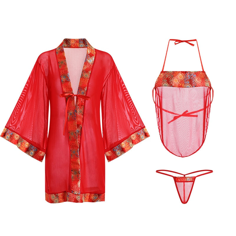 Japanese Sexy Cosplay Lingerie Red Slutty Clothes Kimono Robe Roleplay Costumes for Women Stripper Outfit Exotic Apparel 3pcs