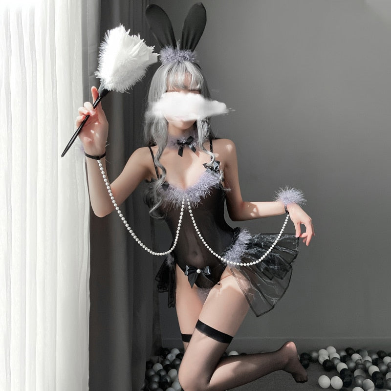 Sexy Bunny Girl Cosplay Outfit Japanese Anime Rabbit Uniform Mesh Pearl Costume Porno Party Bodysuit Jumpsuit Women Lingerie Set