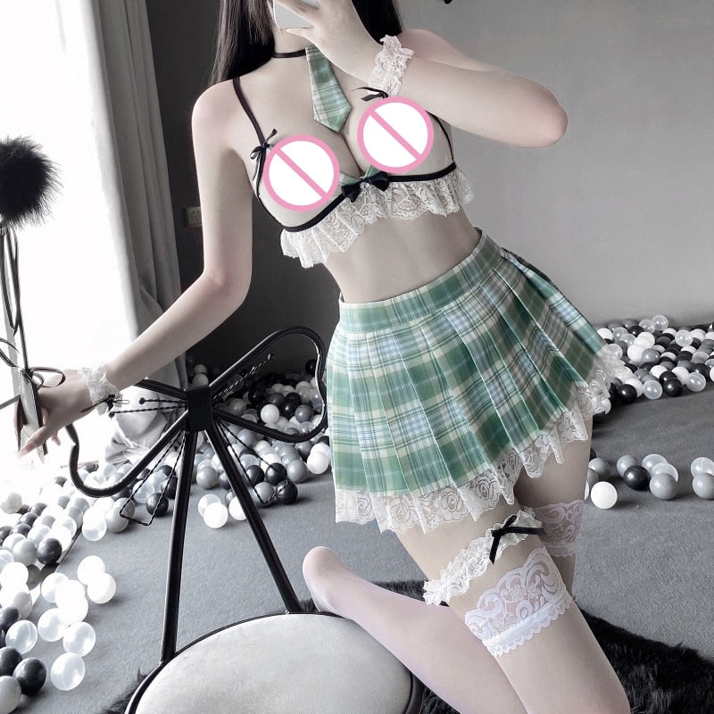 Japanese Korean Sexy Cosplay Skirt Schoolgirl Lingerie Student Uniform Miniskirt Outfit Lace Bra Plaid Dress Costumes