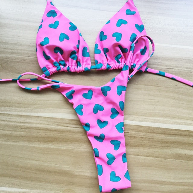 QINJOYER Pink Swimwear Women Brazilian Bikini Cute Heart Print Swimsuit Sexy Thong Bikini Set Bathing Suits Women Beachwear