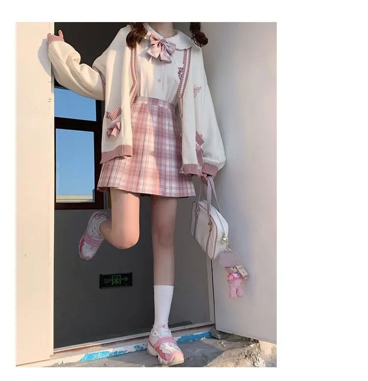 Winter Japanese Kawaii Fashion Pink Cardigan Women Harajuku Knitted Sweater Cute Bow Heart Korean College Style JK Uniform Coat