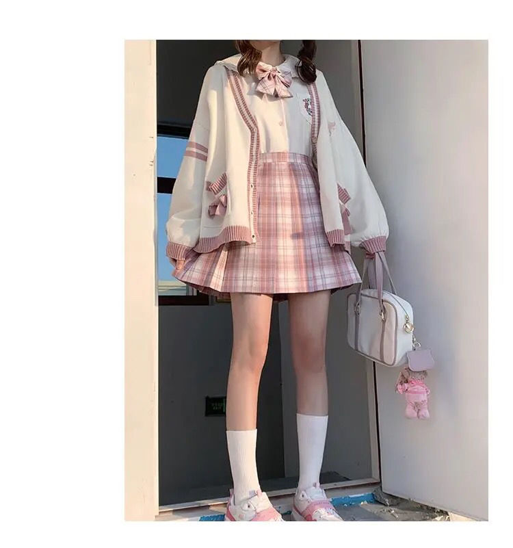 Winter Japanese Kawaii Fashion Pink Cardigan Women Harajuku Knitted Sweater Cute Bow Heart Korean College Style JK Uniform Coat