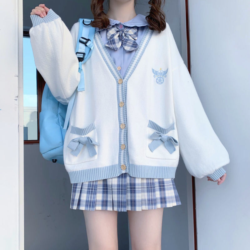 Winter Japanese Kawaii Fashion Pink Cardigan Women Harajuku Knitted Sweater Cute Bow Heart Korean College Style JK Uniform Coat