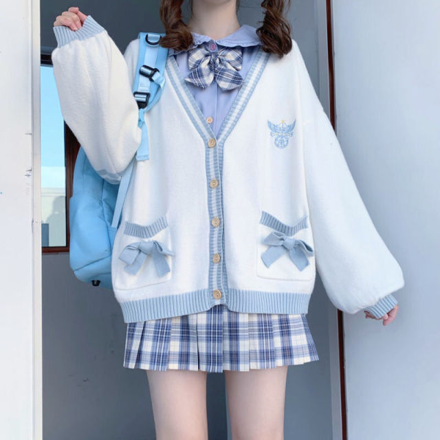 Winter Japanese Kawaii Fashion Pink Cardigan Women Harajuku Knitted Sweater Cute Bow Heart Korean College Style JK Uniform Coat