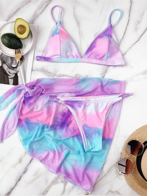Sexy Tie Dye With Sarong Bikini Female Swimsuit Women Swimwear Three-pieces Bikini set Bather Bathing Suit Swim Lady