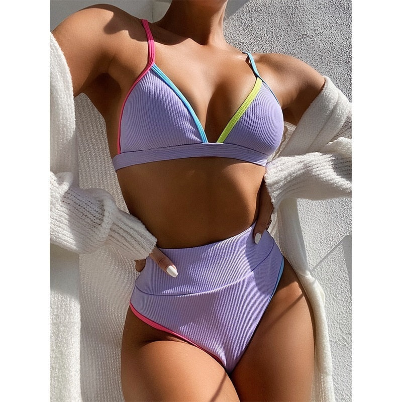 Sexy Bikini Ribbed Swimwear Women Swimsuit New Push Up Bathing Suits Patchwork Biquini High Waist Bikini Set 2-pcs Women