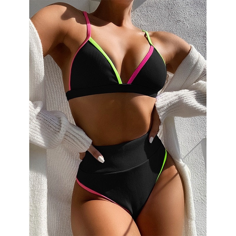 Sexy Bikini Ribbed Swimwear Women Swimsuit New Push Up Bathing Suits Patchwork Biquini High Waist Bikini Set 2-pcs Women