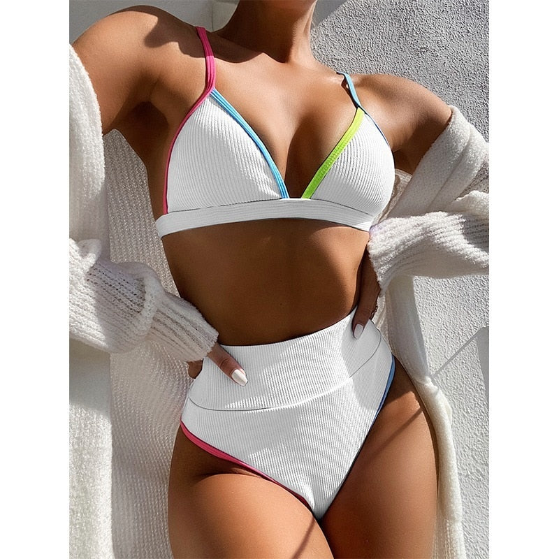 Sexy Bikini Ribbed Swimwear Women Swimsuit New Push Up Bathing Suits Patchwork Biquini High Waist Bikini Set 2-pcs Women