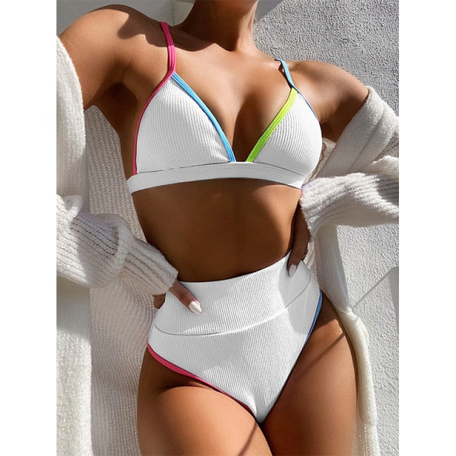 Sexy Bikini Ribbed Swimwear Women Swimsuit New Push Up Bathing Suits Patchwork Biquini High Waist Bikini Set 2-pcs Women