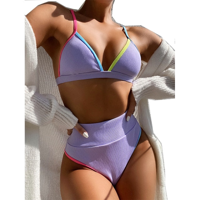 Sexy Bikini Ribbed Swimwear Women Swimsuit New Push Up Bathing Suits Patchwork Biquini High Waist Bikini Set 2-pcs Women