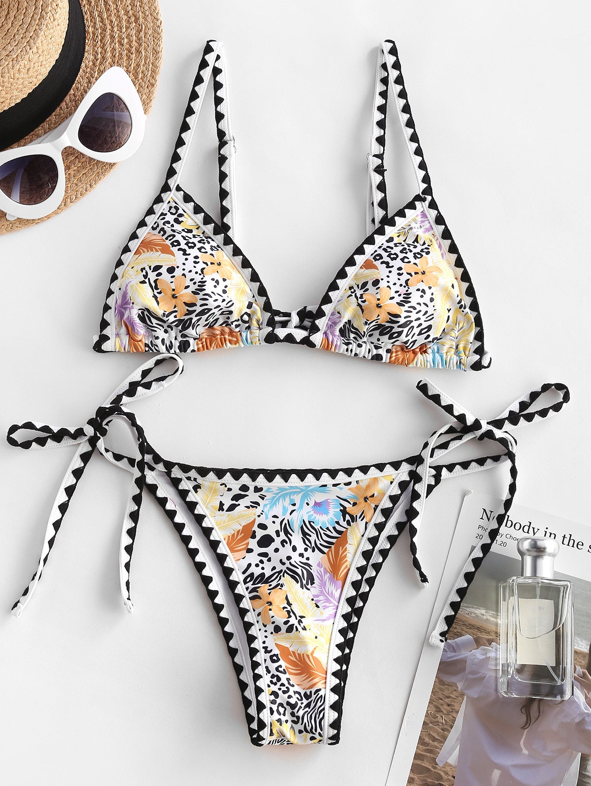 ZAFUL Whip Stitching Leopard Flower Palm Print Tanga Bikini Swimwear