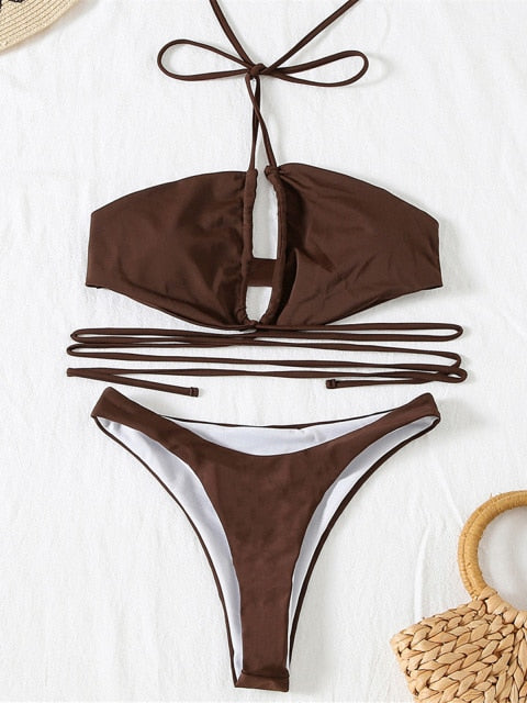Sexy Halter Lace Up Wrap Around Bikini Female Swimsuit Women Swimwear Two-pieces Bikini set Bather Bathing Suit Swim Lady V3017