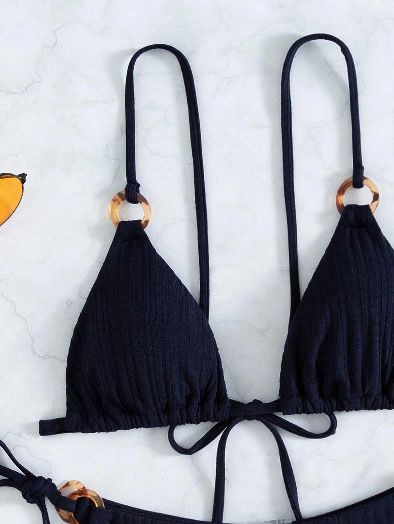 Sexy Bikini Set Cute White Plain Ring Linked Spaghetti Strap Triangle Thong Biquini Swimsuit Swimwear Women Bathing Suit B0